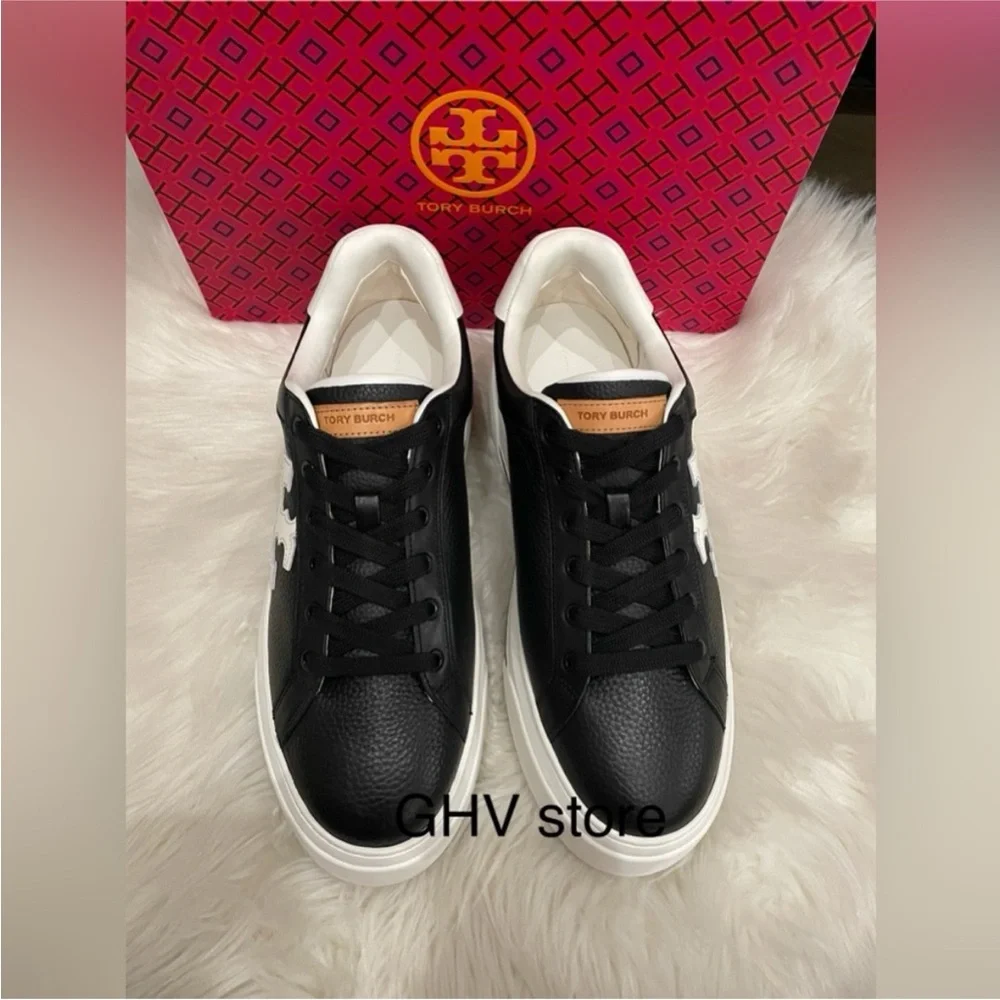 Tory Burch Black and White Leather Logo Sneakers